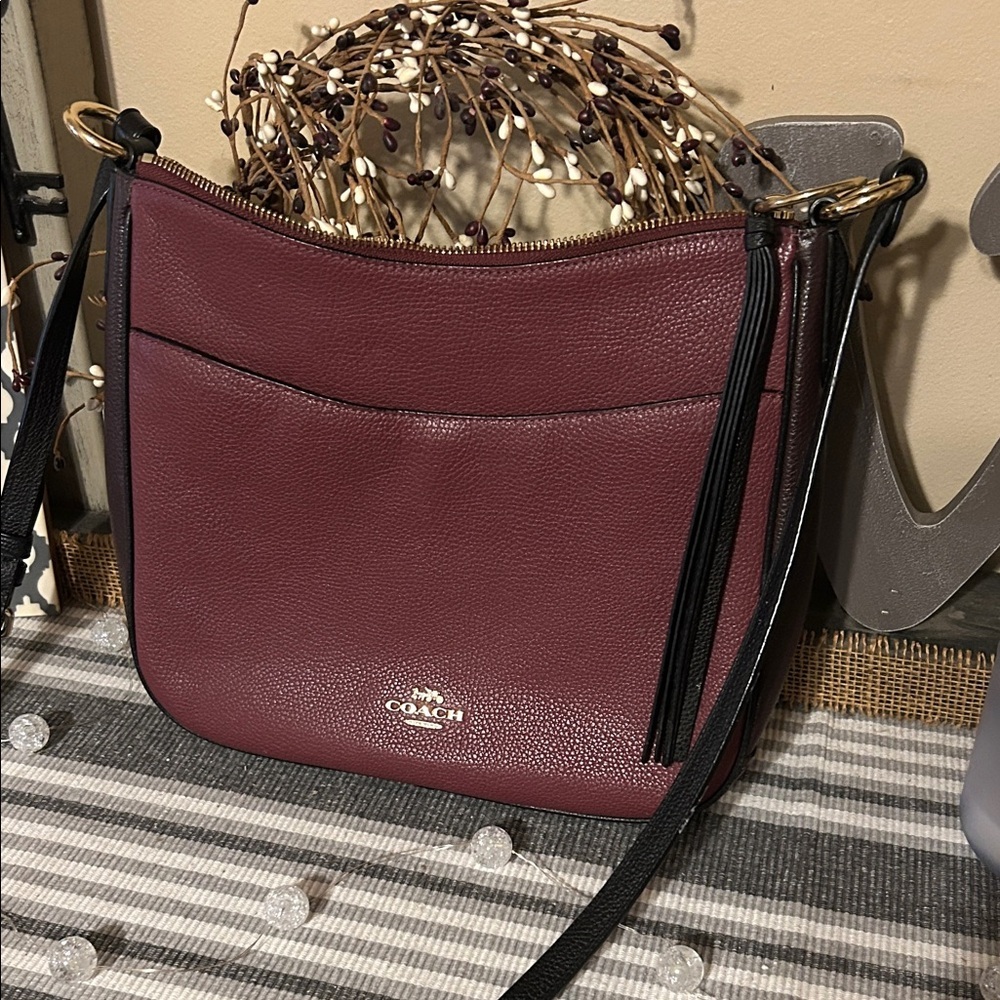 Coach Pebbled Leather Crossbody Bag – Oxblood/Burgundy with Black Trim